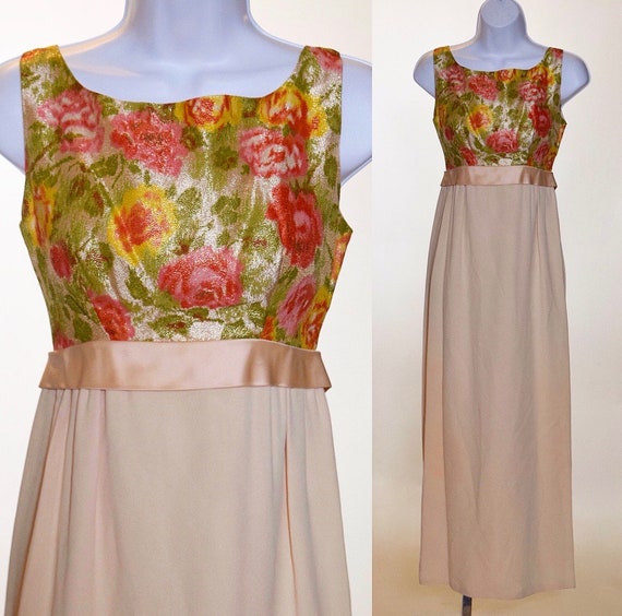1960s classic vintage lame brocade floral column dress with satin was it bow women's size XS-S