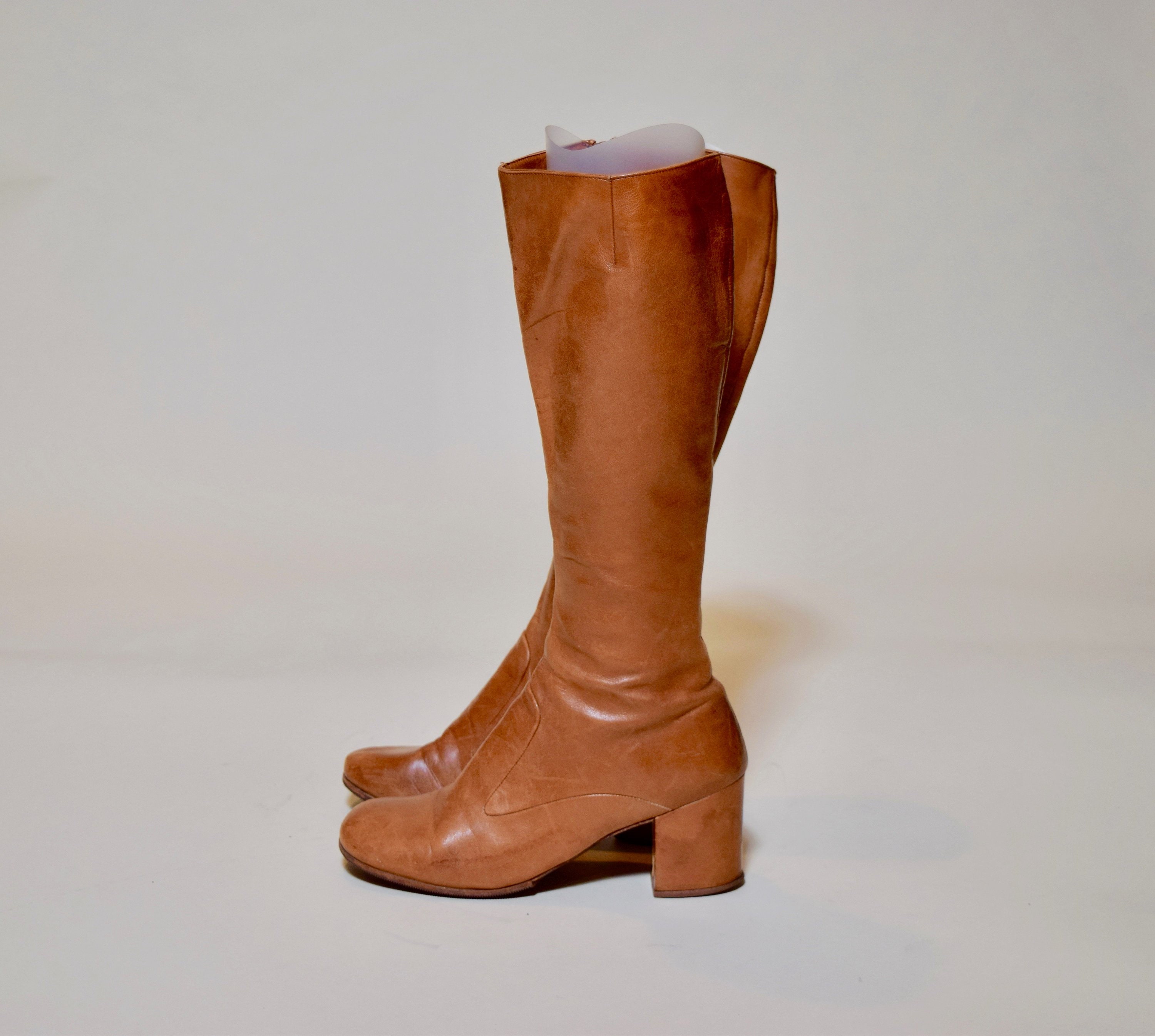 1960s authentic vintage chestnut tall brown leather GOGO boots with 2.5 heel women s US size 7.5