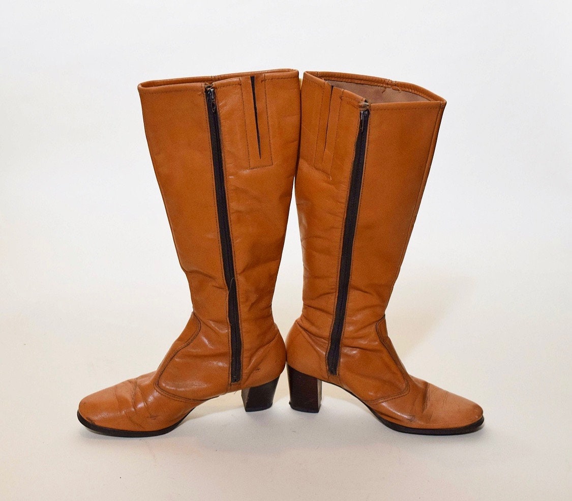 Vintage 1970's bohemian tall chestnut brown leather campus boots with 2 ...