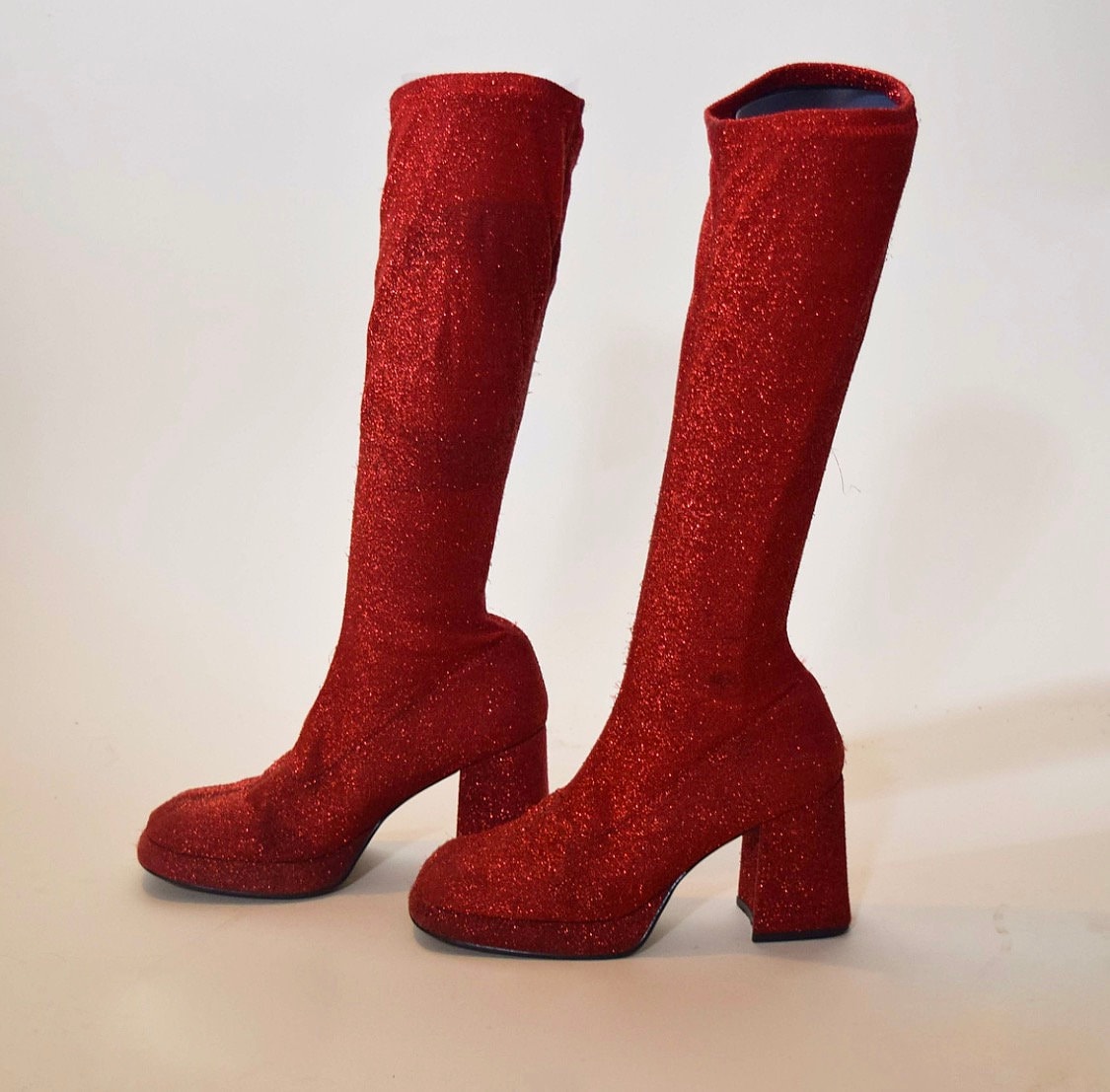 Vintage platform red glitter Dorthy Wizard of Oz inspired Go Go style 3 heel boots women s US size 7.5