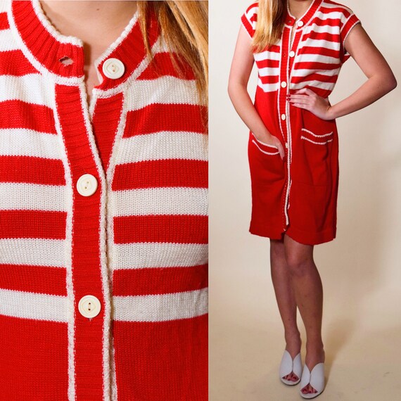 1960s authentic vintage mod red + white stripe button down short sleeve sweater dress women's size small-medium