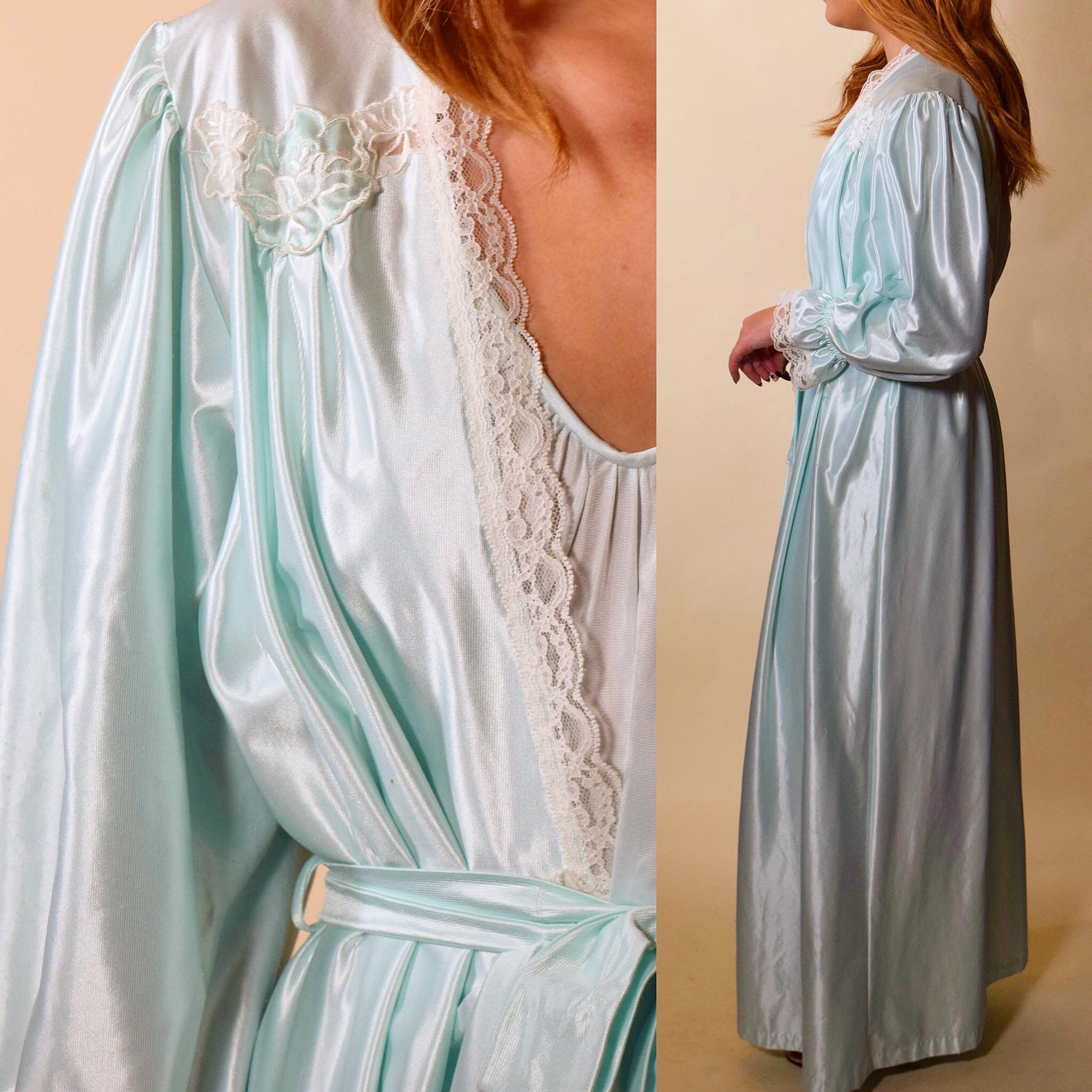 Vintage 1970s light blue satin lace style robe with waist tie women's ...