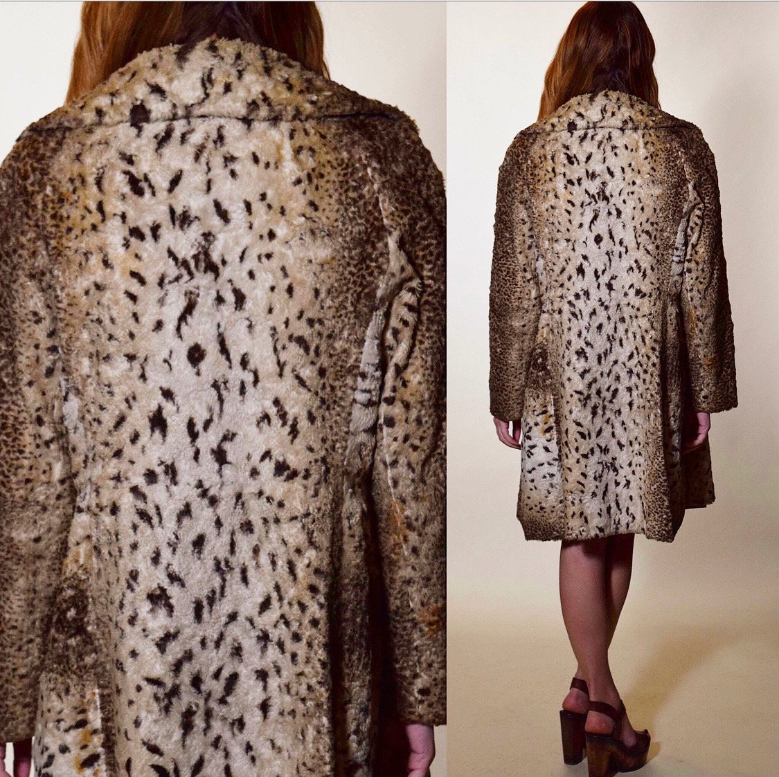 1960's authentic vintage classic leopard faux fur winter coat with