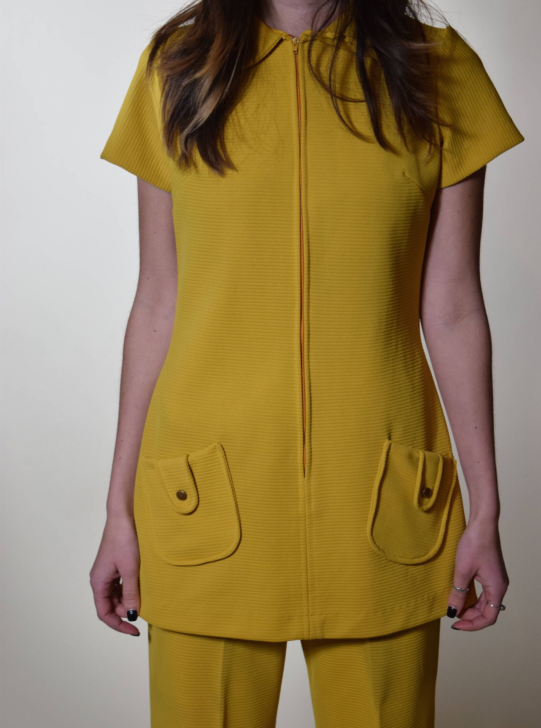 1960's/70's authentic vintage 2 piece mustard yellow polyester pantsuit