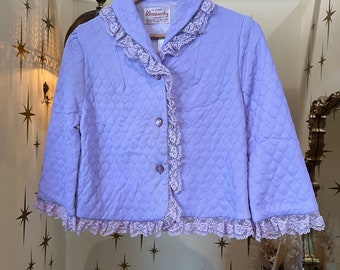 Vintage 1950s Purple quilted bed jacket with lace. Small medium