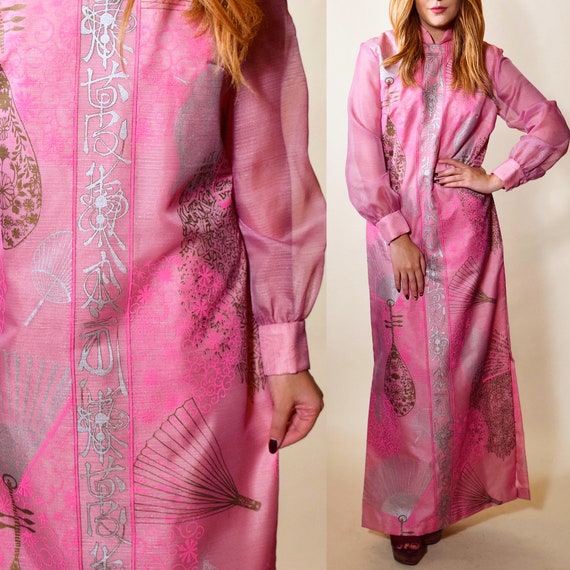 1970s rare Alfred shaheen vintage hot pink Mandarin / Oriental patterned high collar maxi dress  / formal gown women's size medium