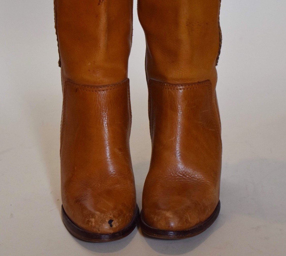 1970s chestnut brown leather vintage tall campus boots with stacked ...