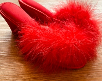 Sexy red satin and Pom Pom slipper old Hollywood size 6/7