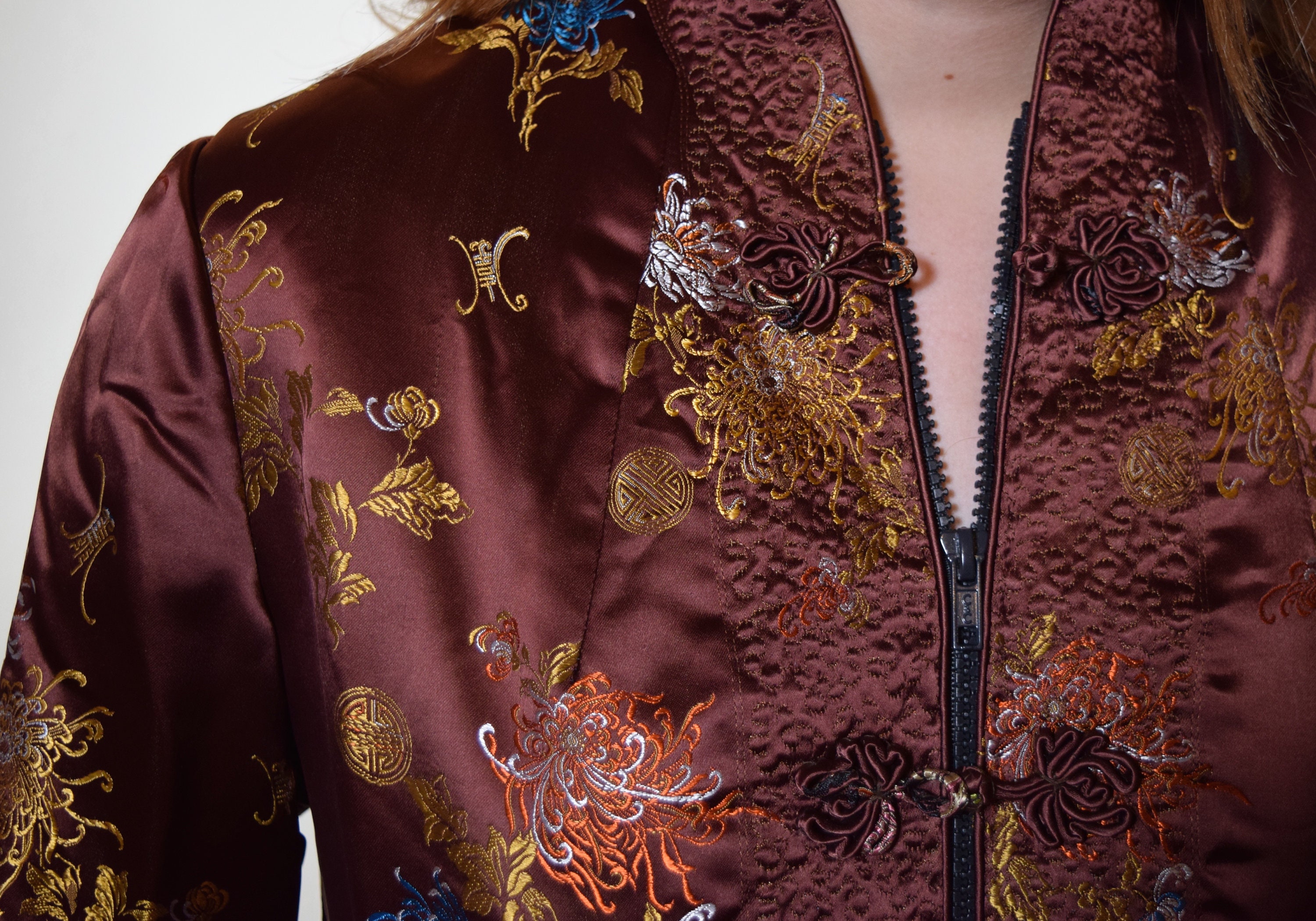 Authentic vintage oriental floral brown quilted jacket women's size medium