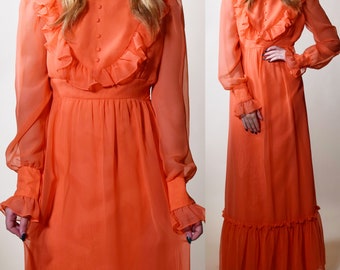 1970s vintage prairie victorian style long sleeve high collar pink / coral chiffon maxi dress women's fitted size small