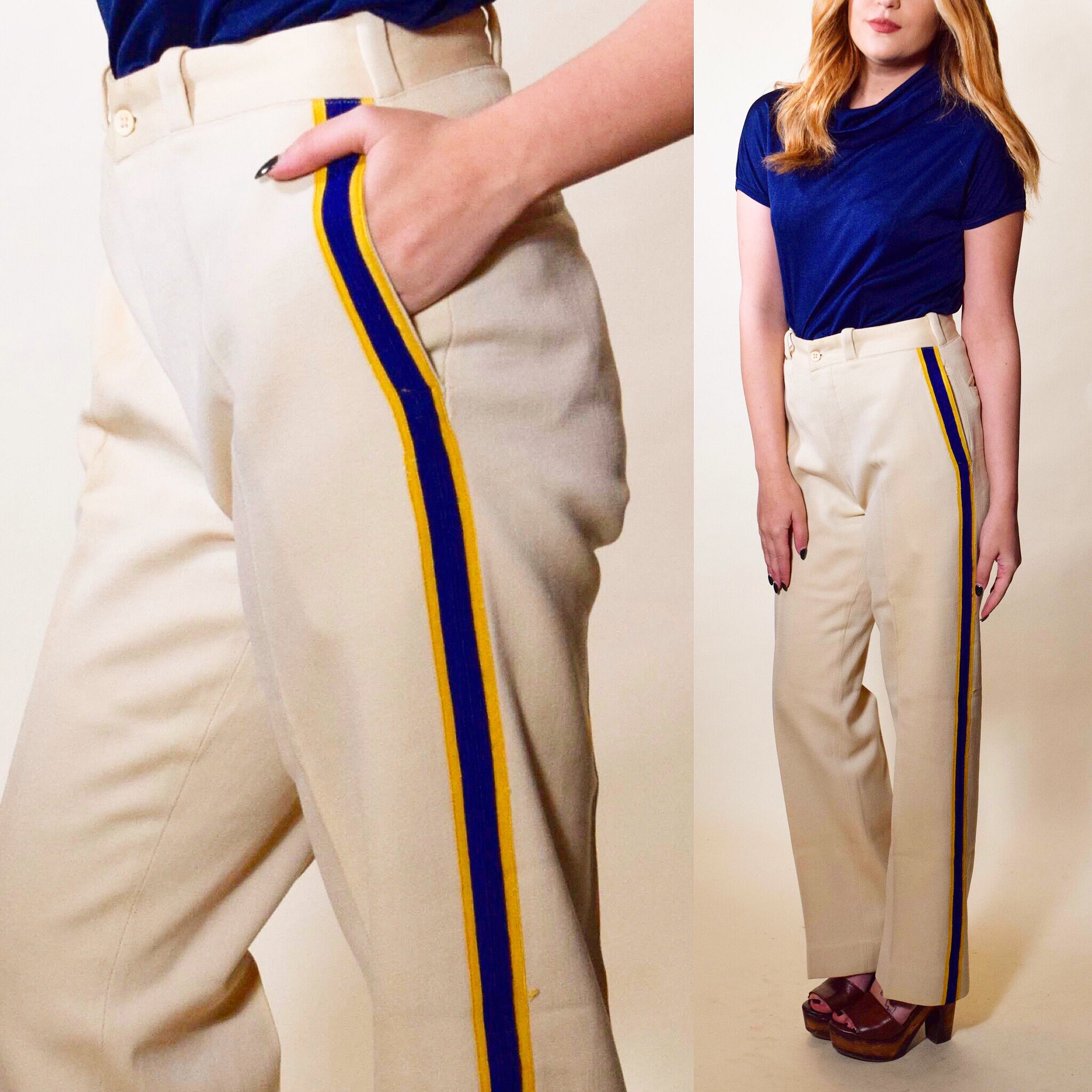 1950s authentic vintage MARCHING BAND wool beige navy and gold embroidered stripe straight leg
