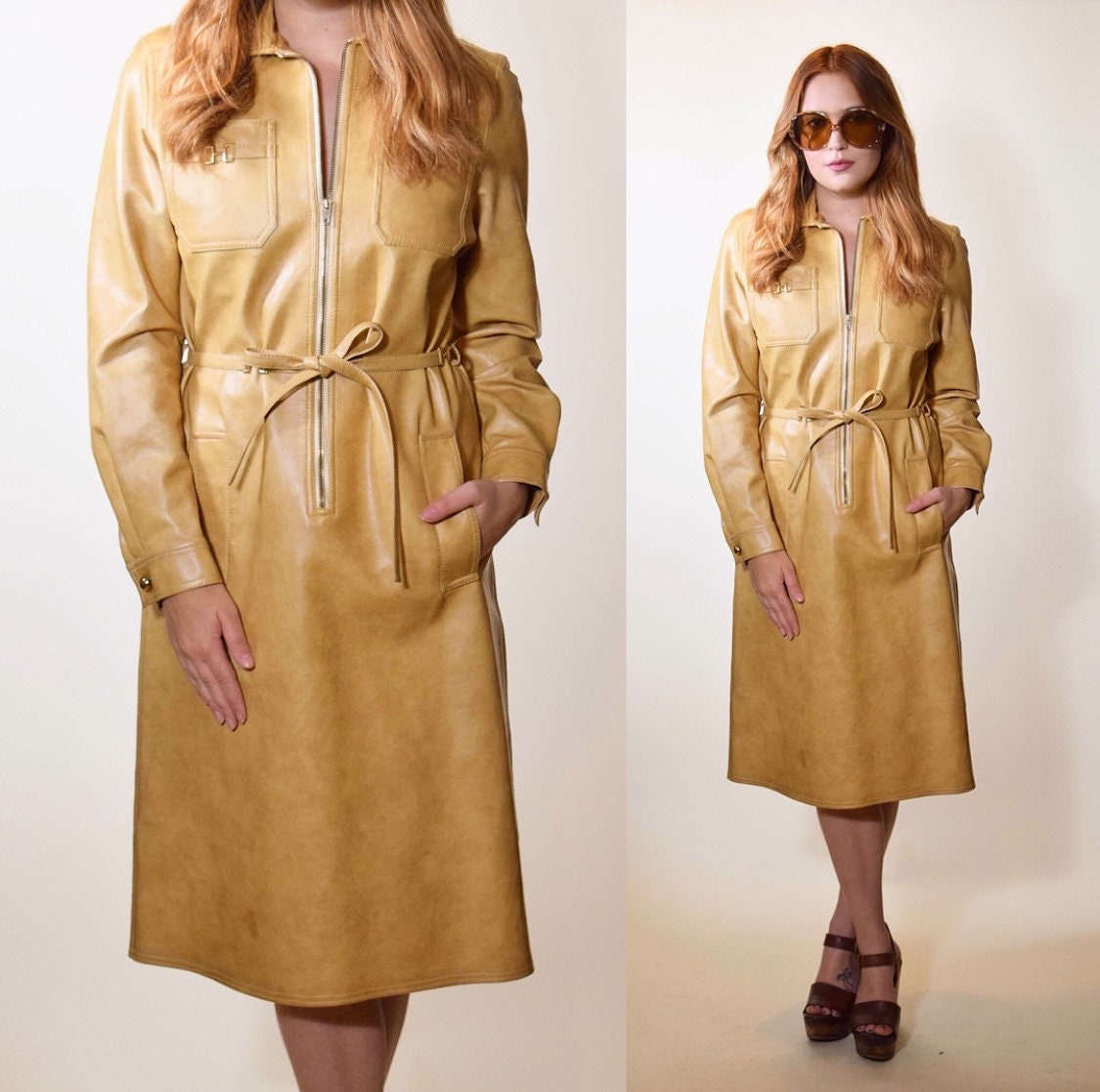 1970s vintage vinyl leather zip up long sleeve dress with matching belt ...