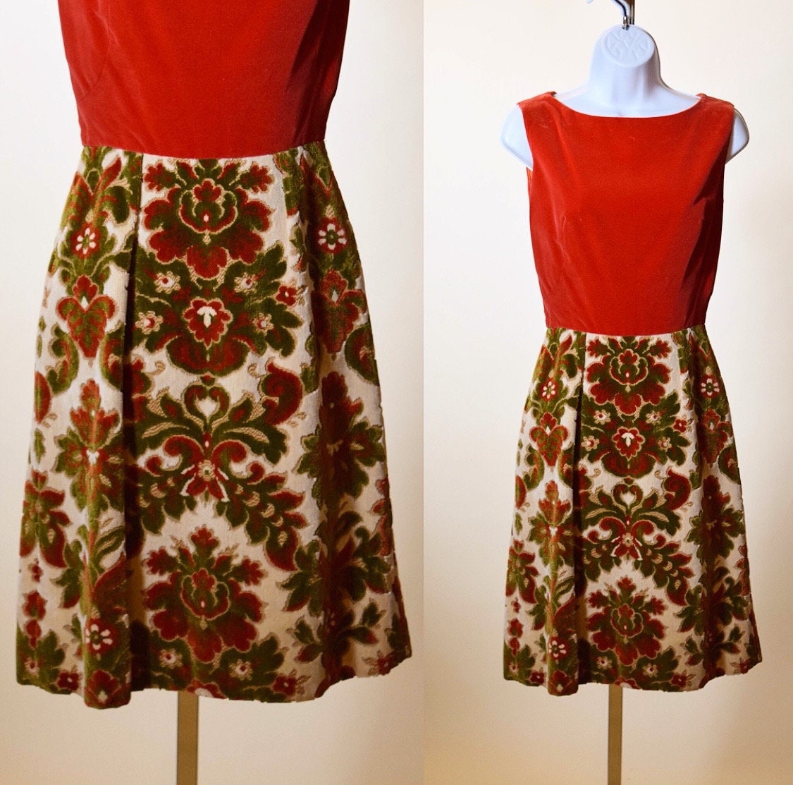 1960s authentic vintage velvet tapestry sleeveless fit and flare