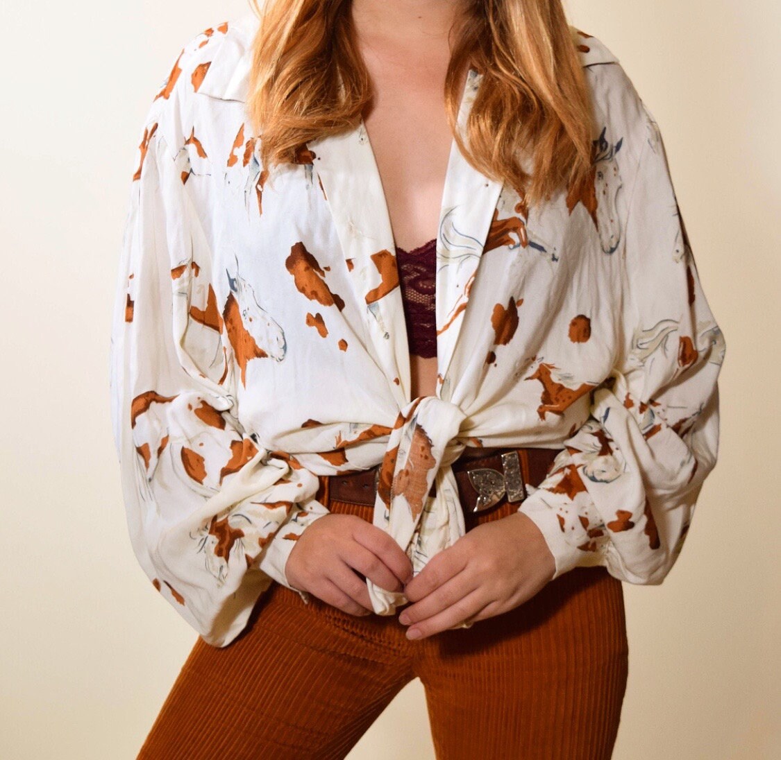 1970s/8s authentic vintage horse / equestrian print oversized button down collared blouse / tie 