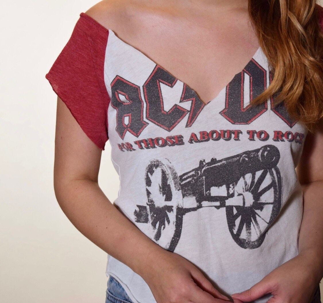 One of a kind ACDC cropped v neck distressed band tee shirt women's