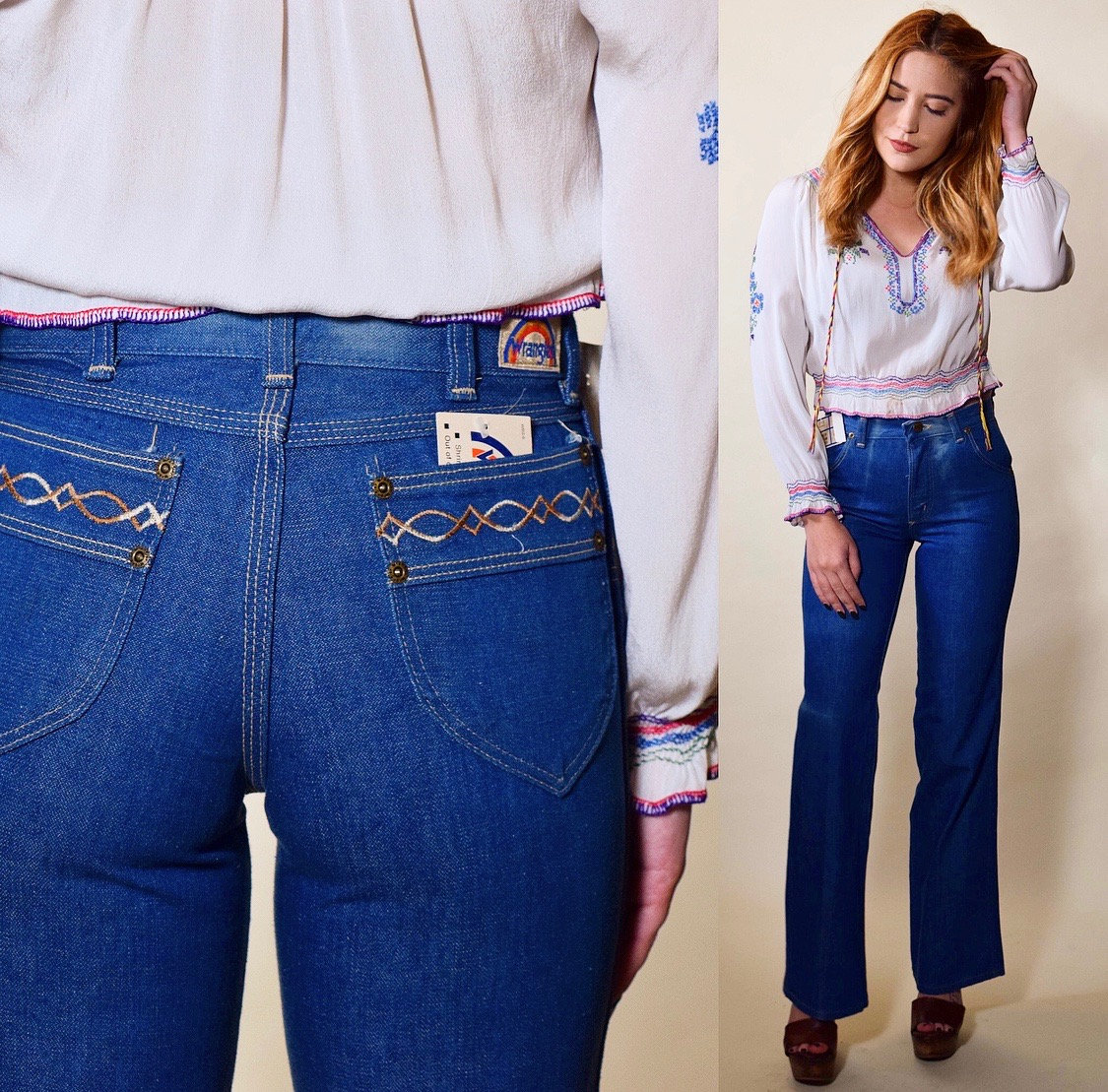 1970s vintage RARE Wrangler boot cut flare / bell bottoms mid rise jeans with embroidered