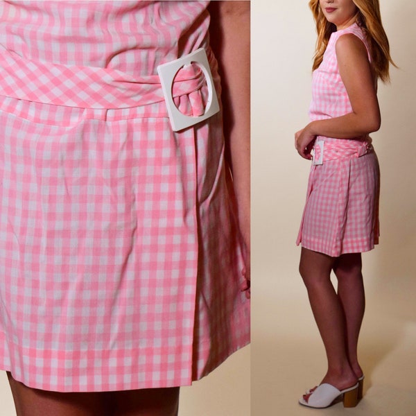 1960s authentic vintage pink + White gingham sleeveless mini dress with belt women's size Small