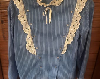 Rare 1970s miss rodeo America blue and white striped dbl breasted blouse