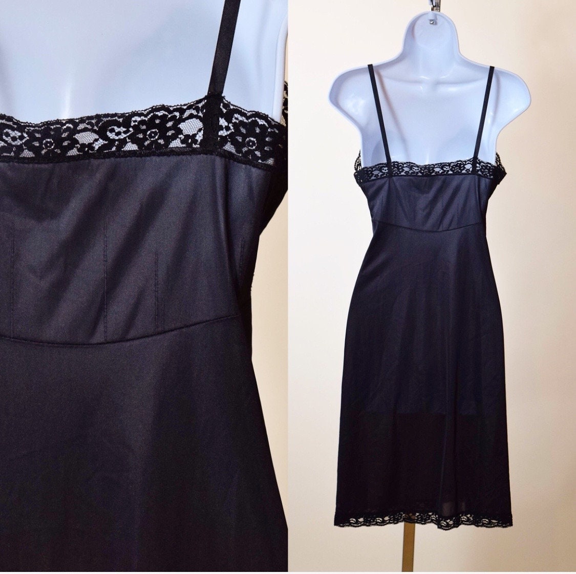 1970s Authentic vintge black nylon lace slip dress women's size 32 Bust ...