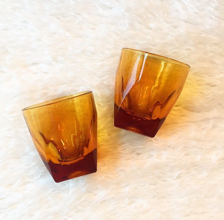 1960's set of 2 amber bar old fashioned small glasses / mid century