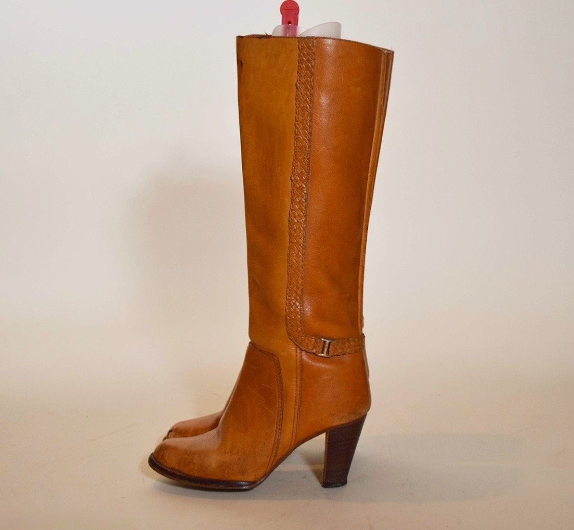 1970s chestnut brown leather vintage tall campus boots with stacked ...