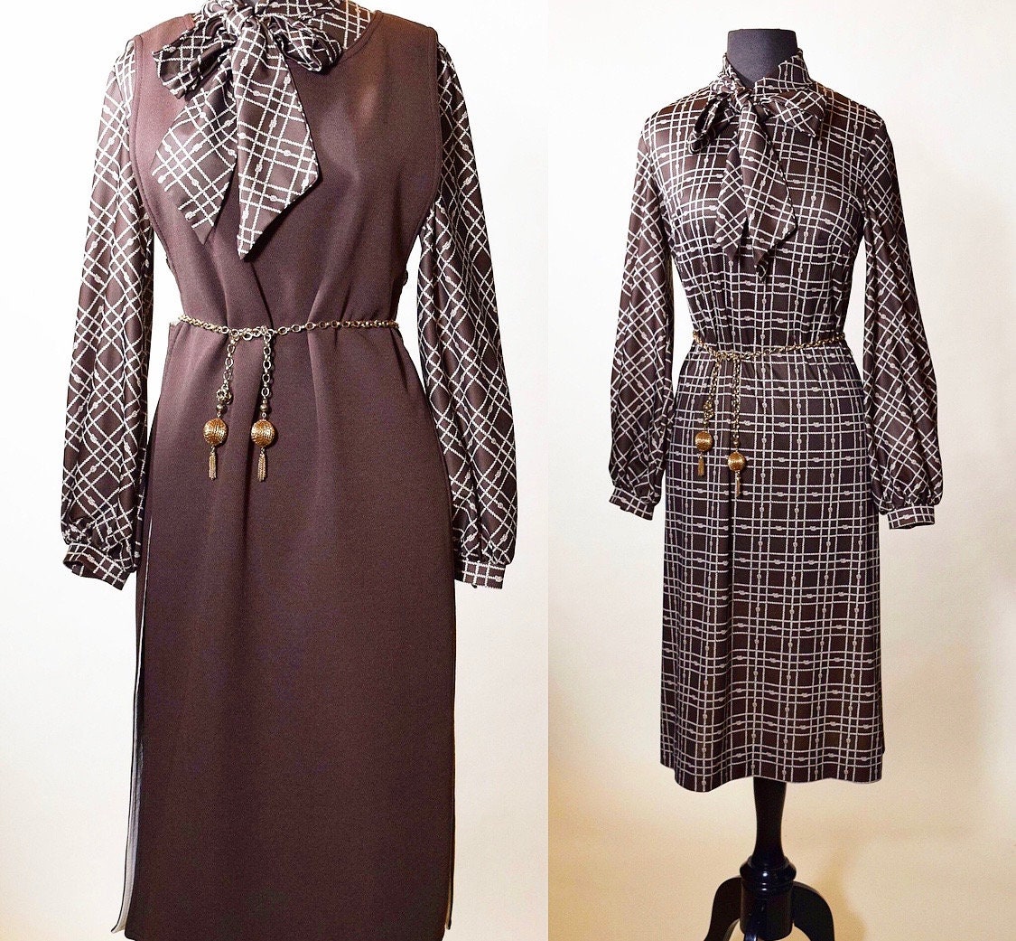 1970s polyester tie blouse dress with two piece brown apron tunic women ...