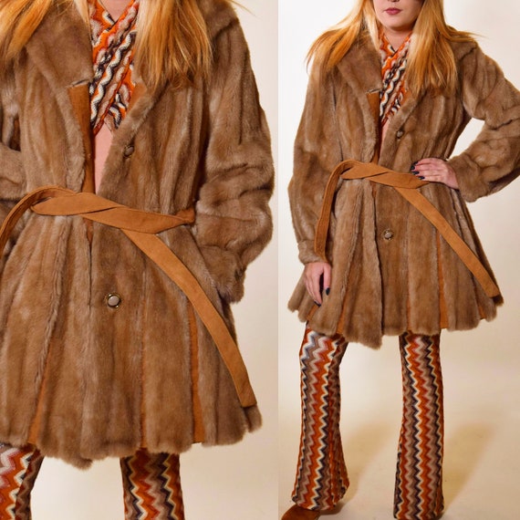 1960s vintage brown faux fur + leather panel  Rock N Roll coat  women's size small