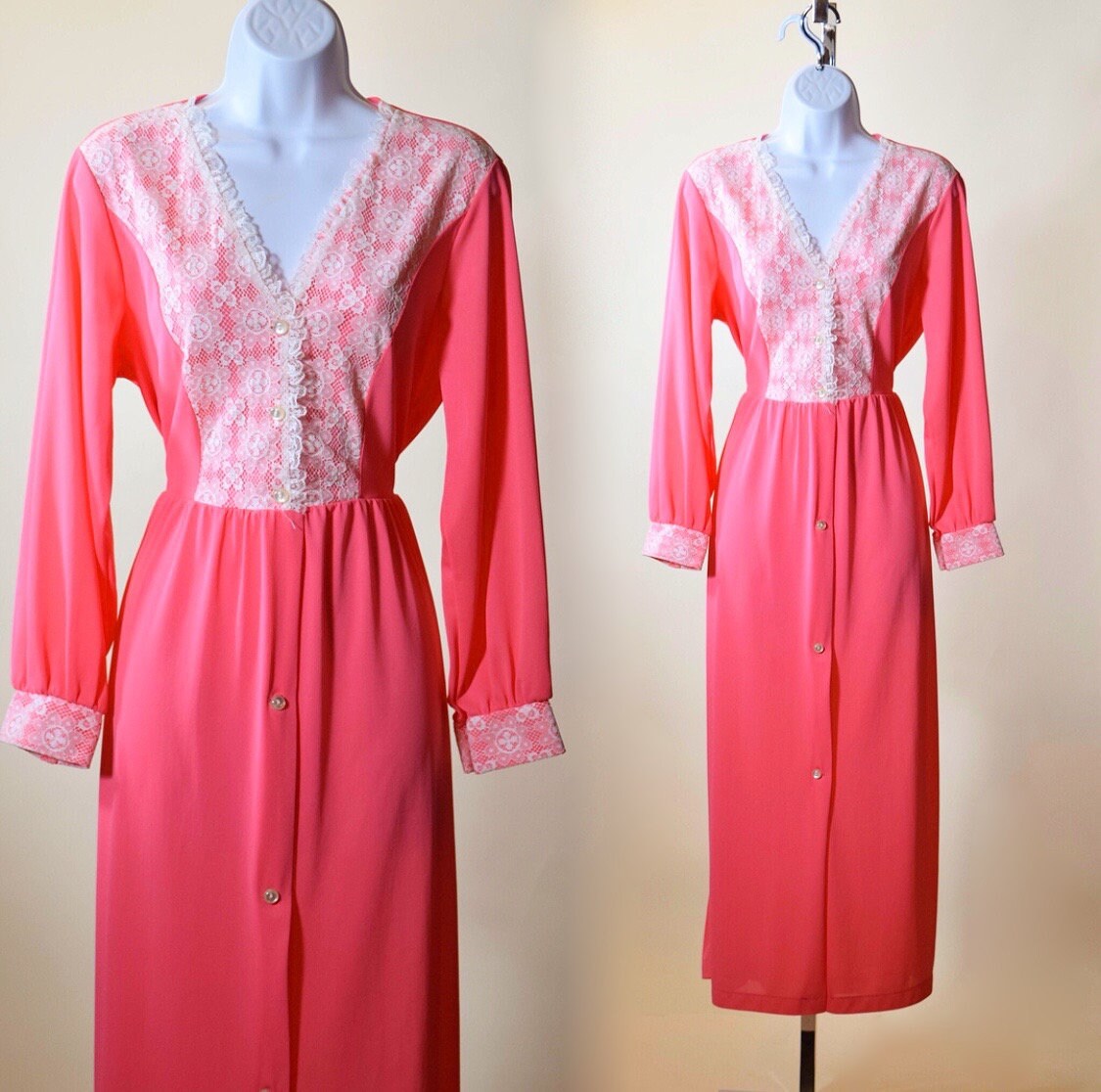 1970s authentic vintage hot pink nylon lace long sleeve robe women's