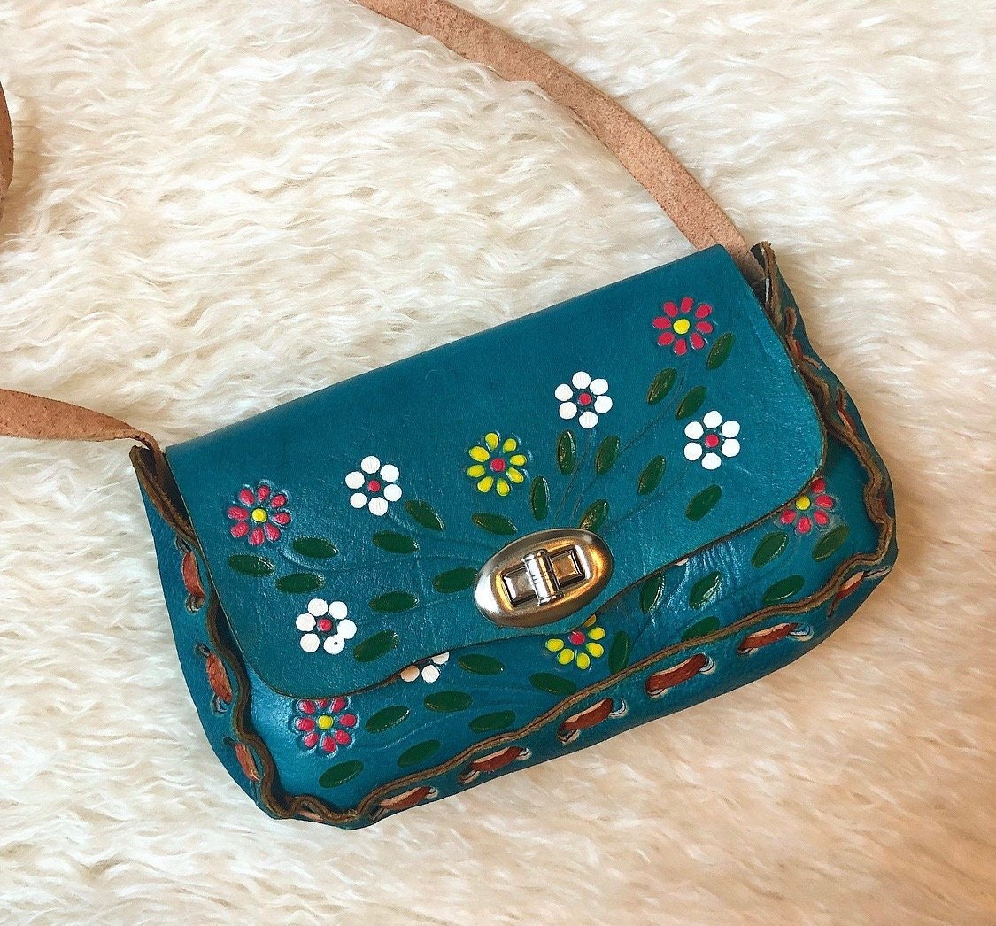 Authentic vintage hand painted blue floral small leather tooled one of ...