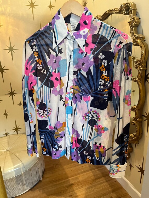 Vintage multi color semi sheer 1970s blouse