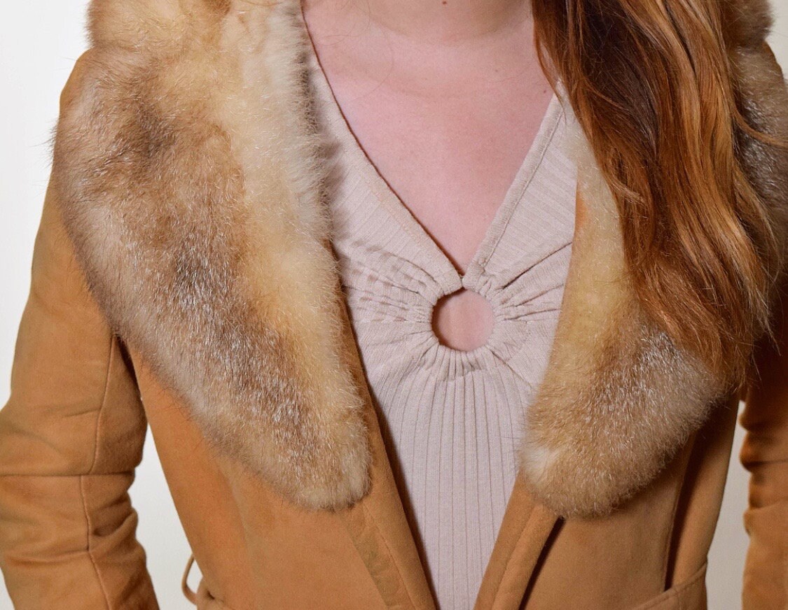 1970s vintage faux fur collar camel Penny Lane style coat women's size