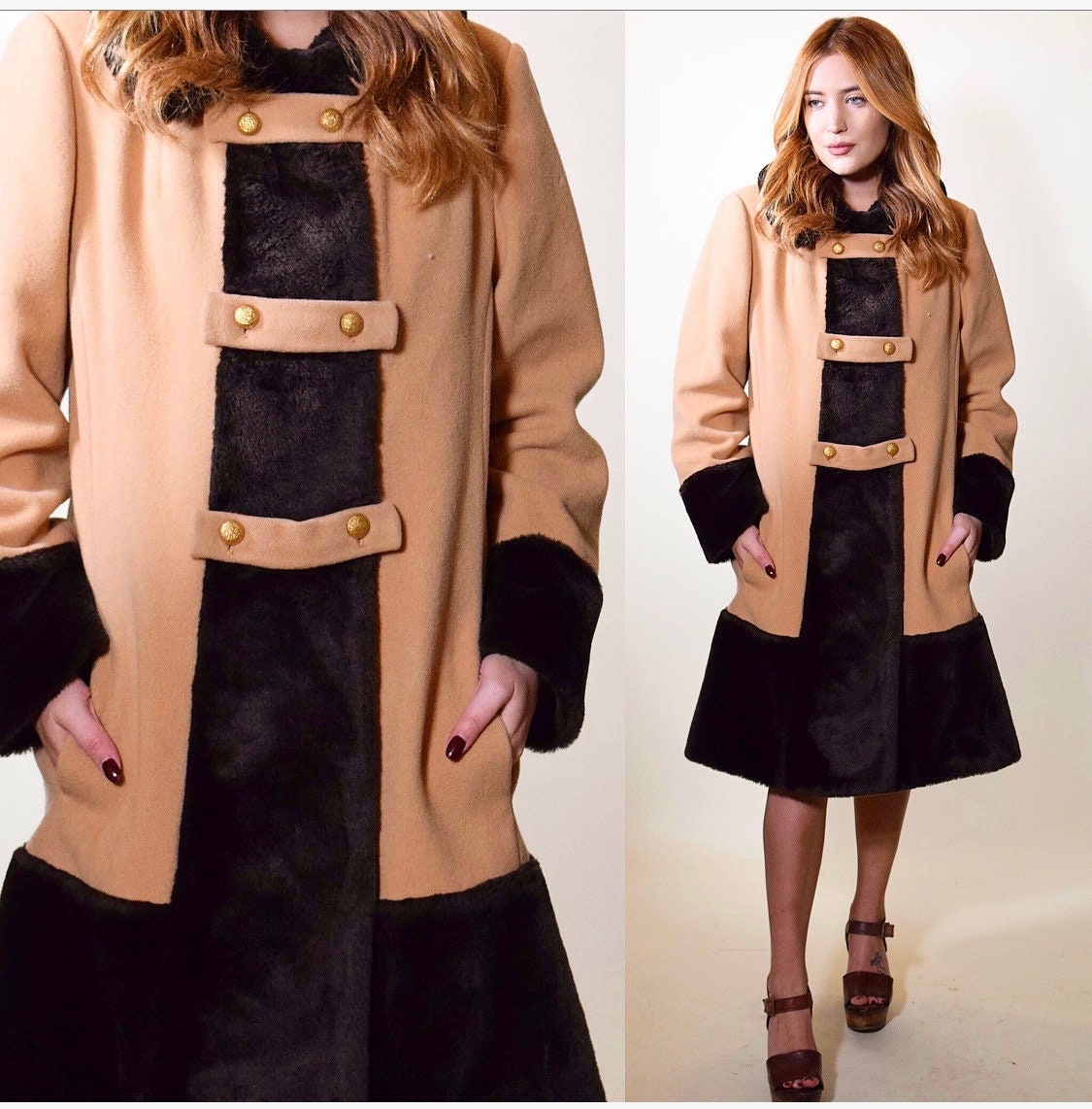 1970s authentic vintage camel double breasted trench coat with faux fur ...