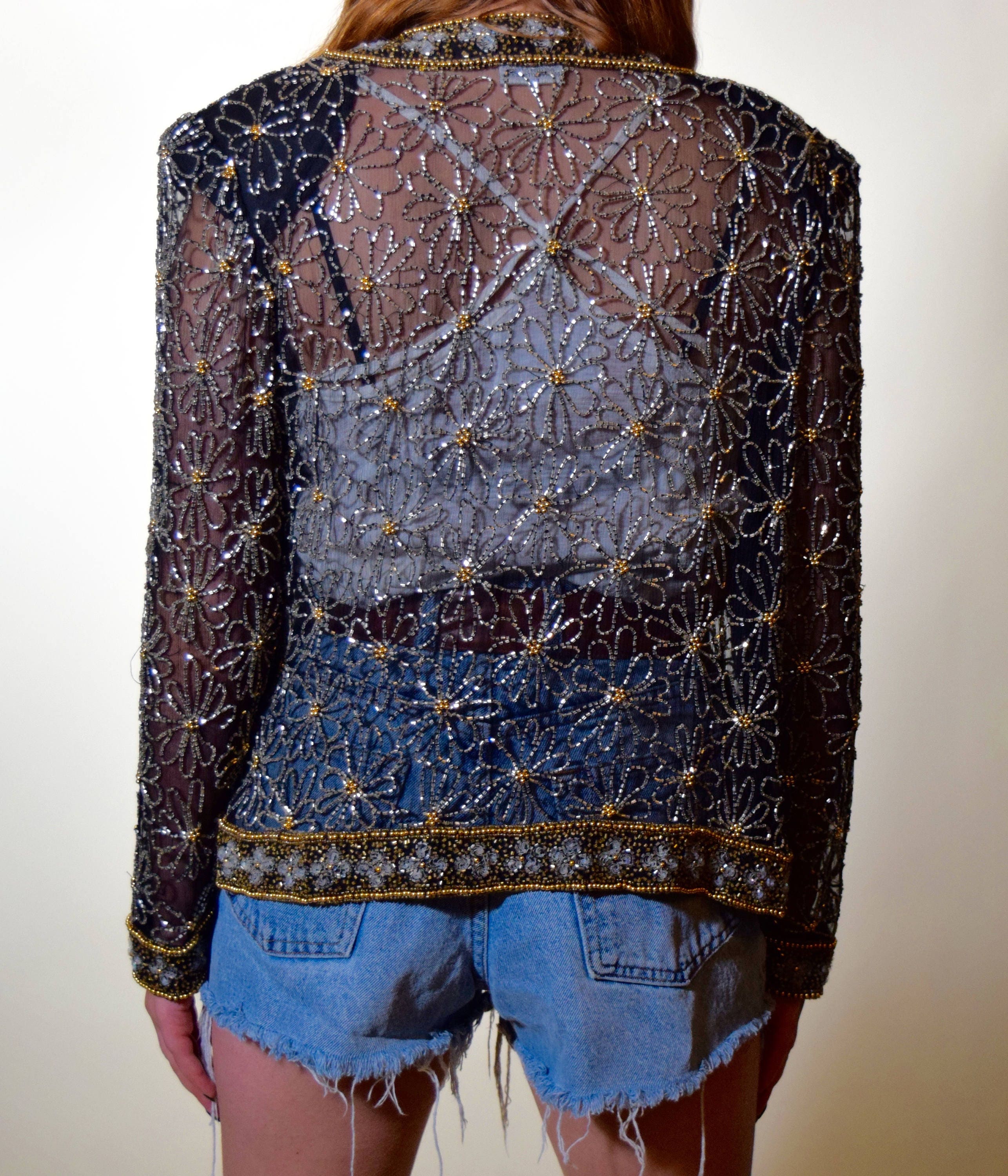 1980's authentic vintage sheer jacket with beaded sequin designs