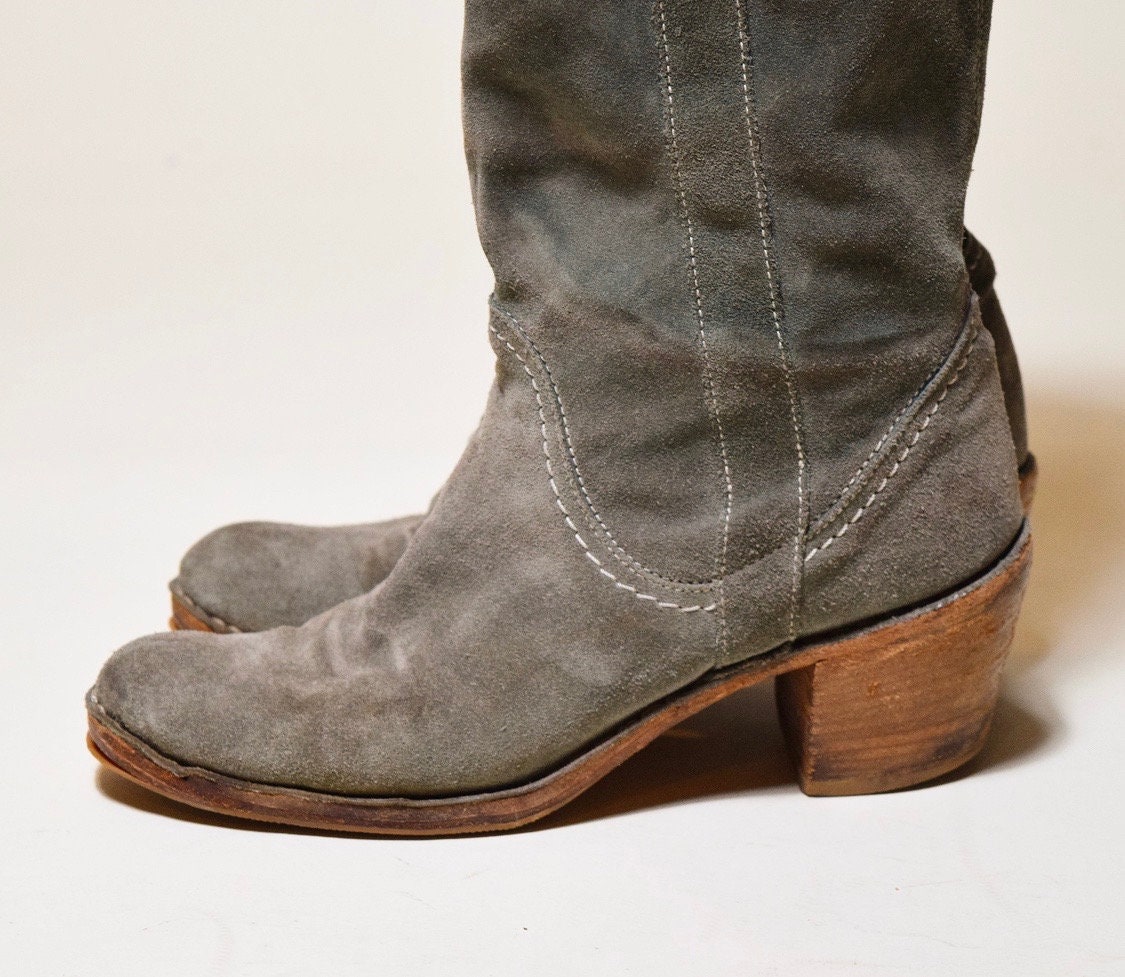 Vintage olive green suede tall riding boots with 2 stacked wooden heel ...