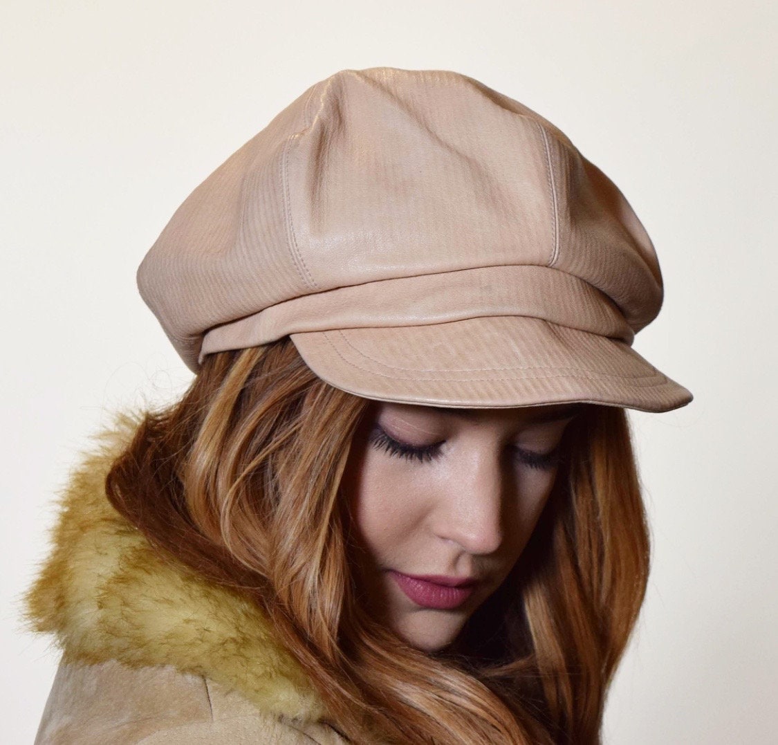 Vintage beige faux leather slouch disco hippie newsboy style hat women ...