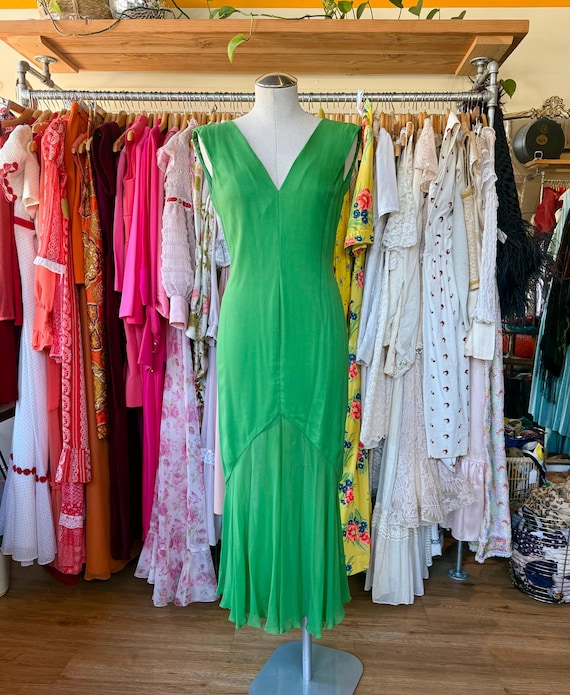 Designer Green custom silk couture maxi dress
