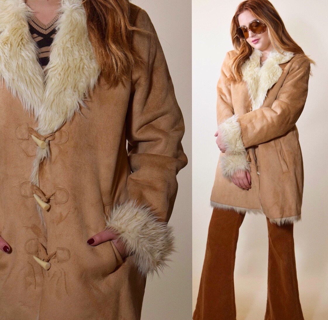 Vintage Penny Lane inspired faux fur faux suede coat women's size large