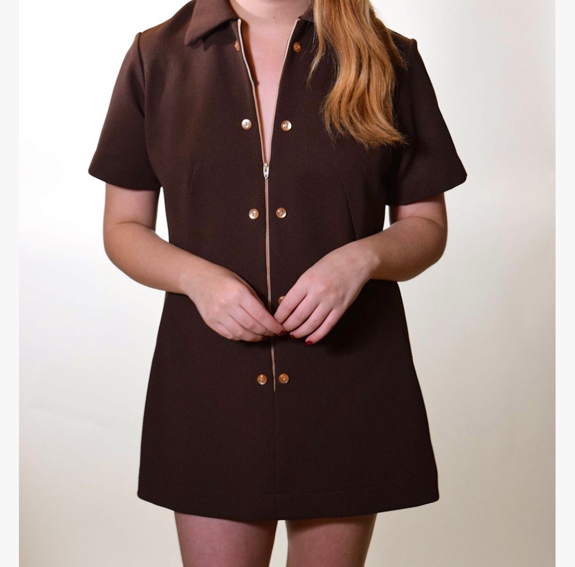 1960's authentic vintage Jc Penney brown polyester zip up collared