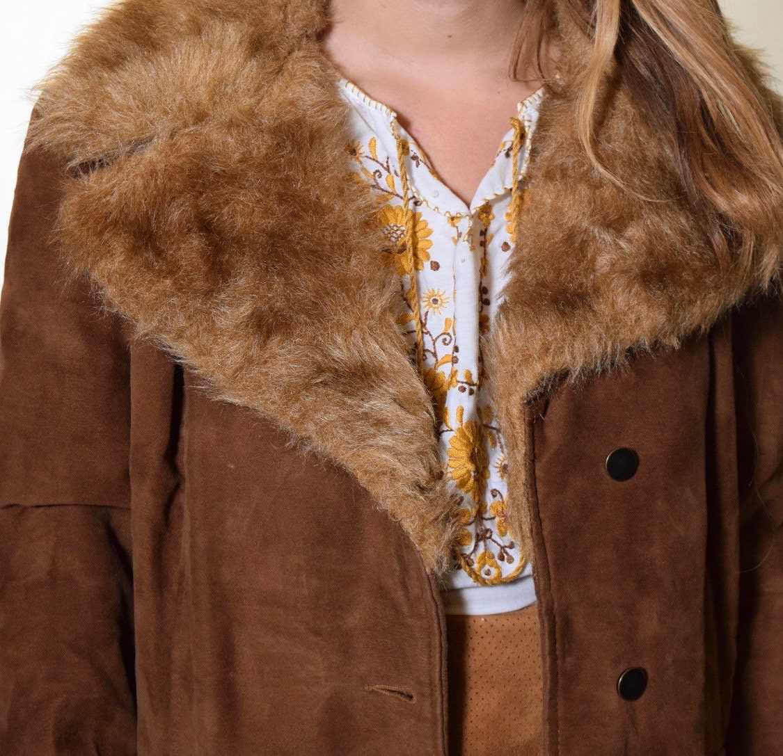 Authentic vintage Penny Lane brown faux suede faux fur collar, trim