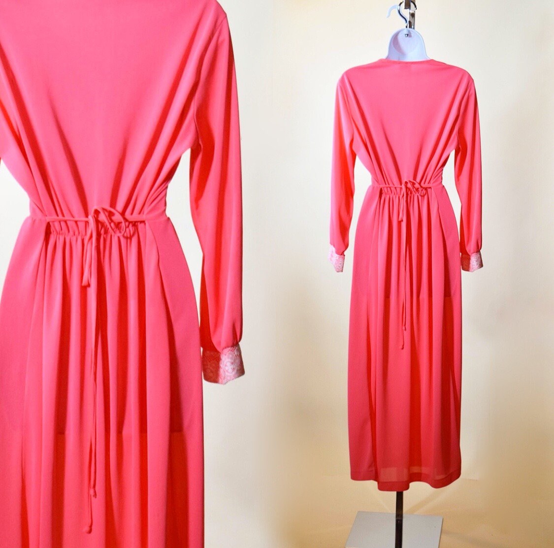 1970s authentic vintage hot pink nylon lace long sleeve robe women's