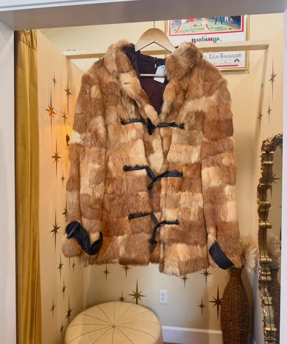 1970s Patchwork Rabbit Fur Jacket with Leather Trim Toggle Buttons