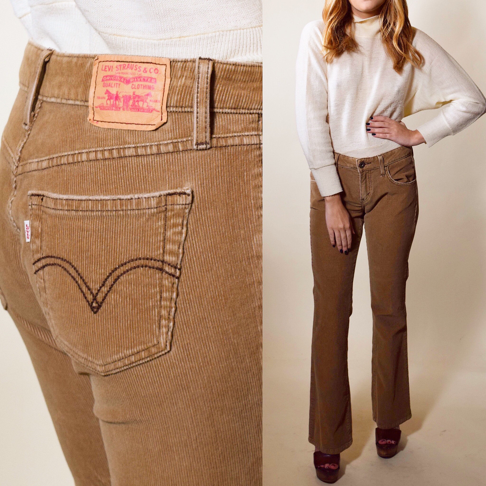 Vintage Levis beige  brown corduroy mid rise boot cut pants womens size  5  medium  30 Waist