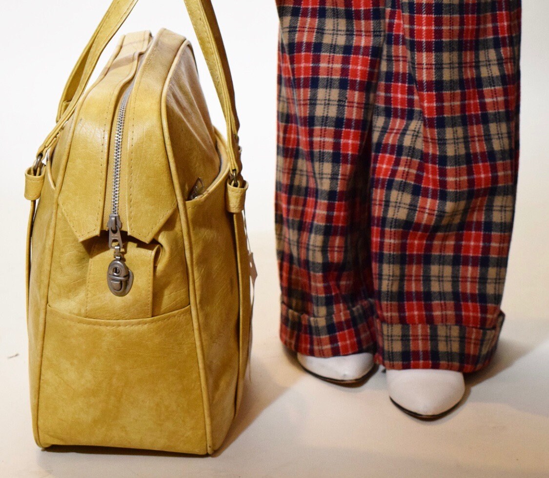 1960s vintage mustard yellow gold overnight tote bag