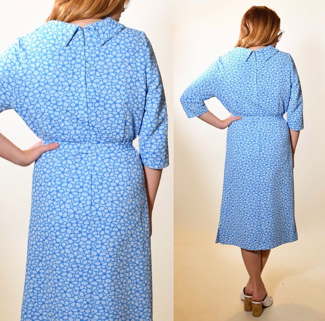 1960s vintage blue white floral mod dress with sash belt at waist ...