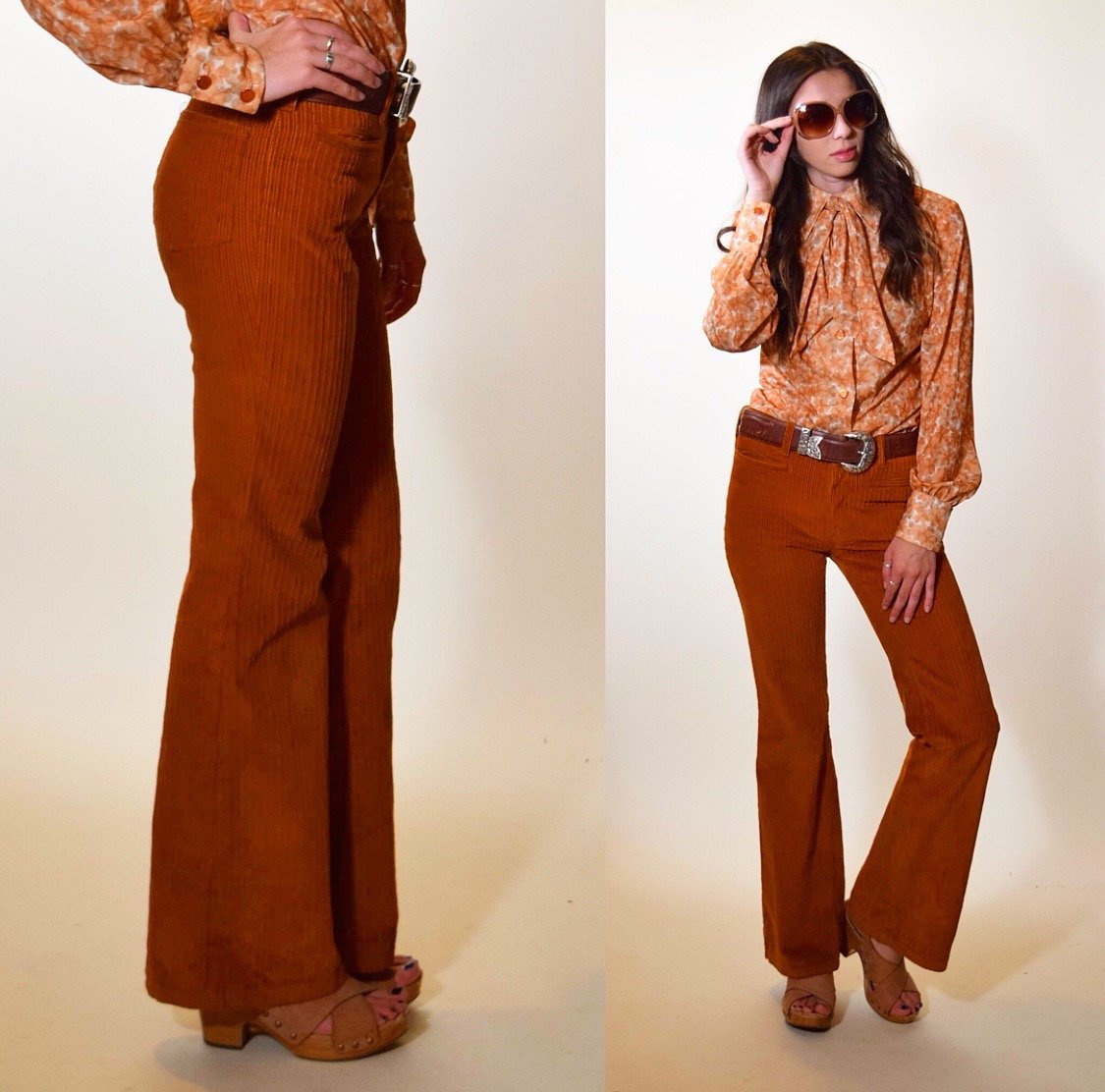 1960s authentic vintage orange rust corduroy. flare pants women's. size  small. Xs