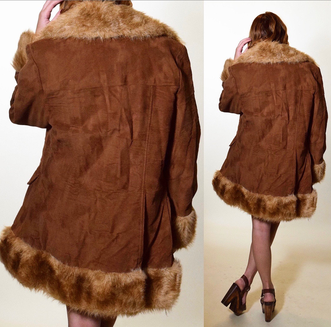 Authentic vintage Penny Lane brown faux suede faux fur collar, trim