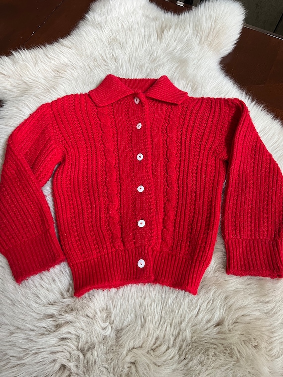 1970s kids unisex red cardigan size small 3/4t.