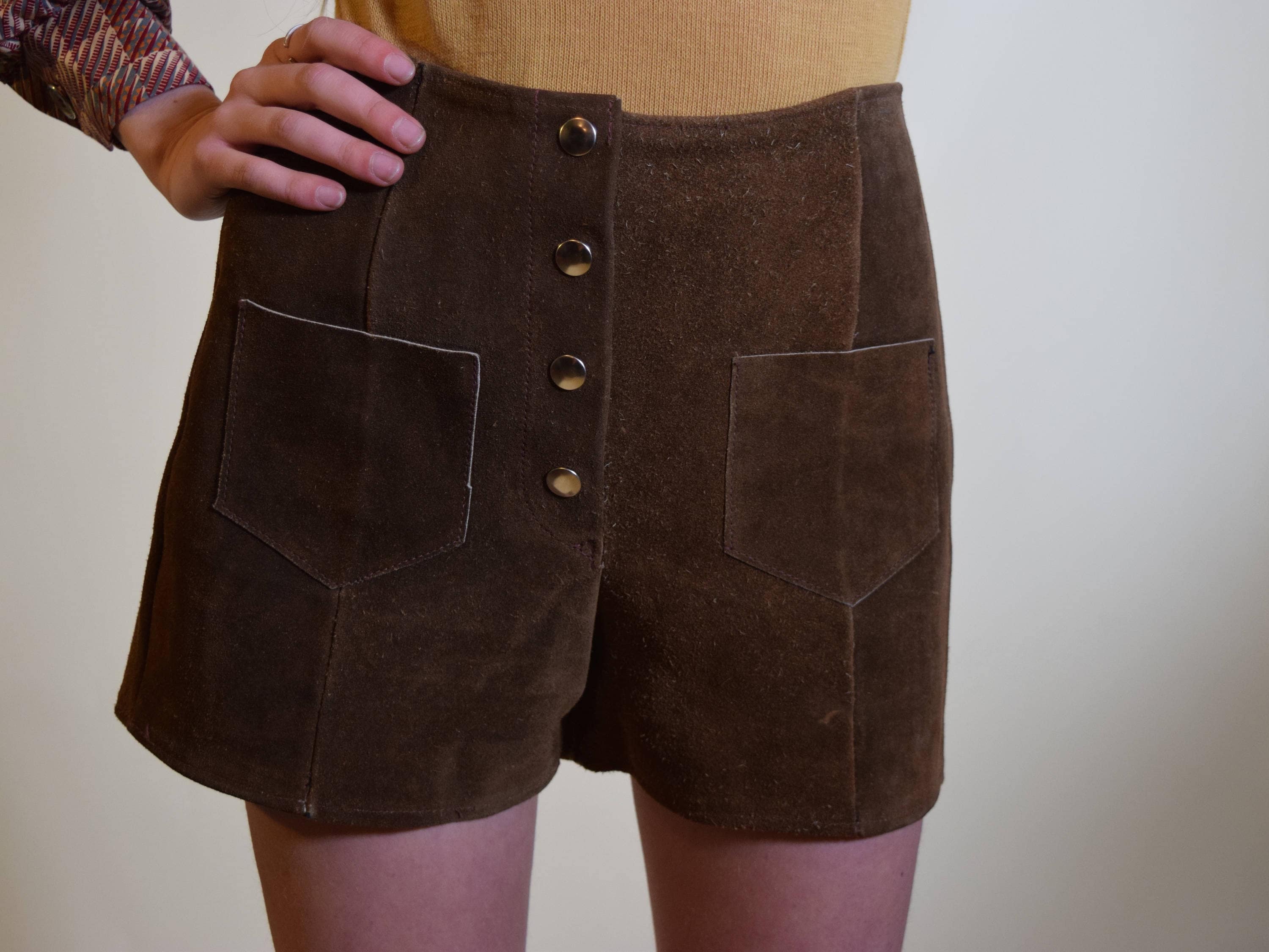Vintage RARE 1970's hippie snap up front brown suede leather shorts ...