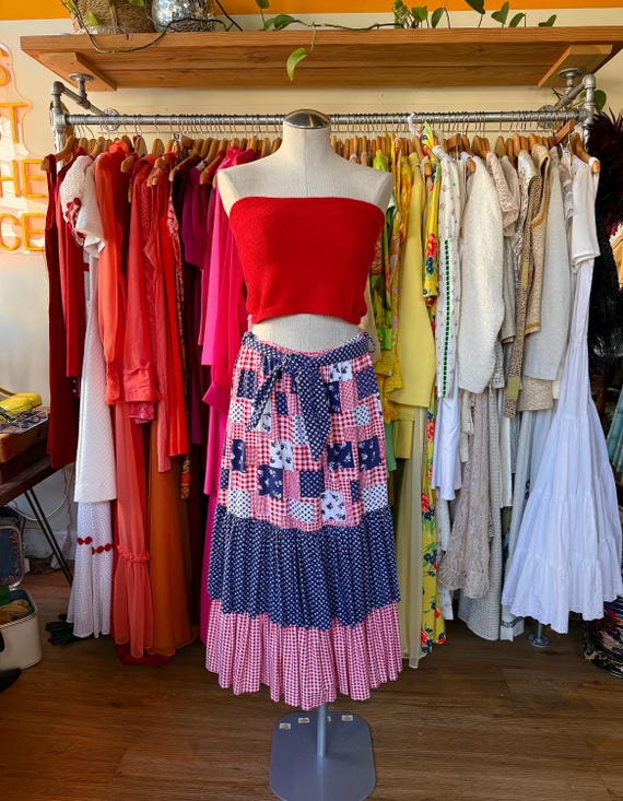 Vintage gingham ruffled skirt with sash