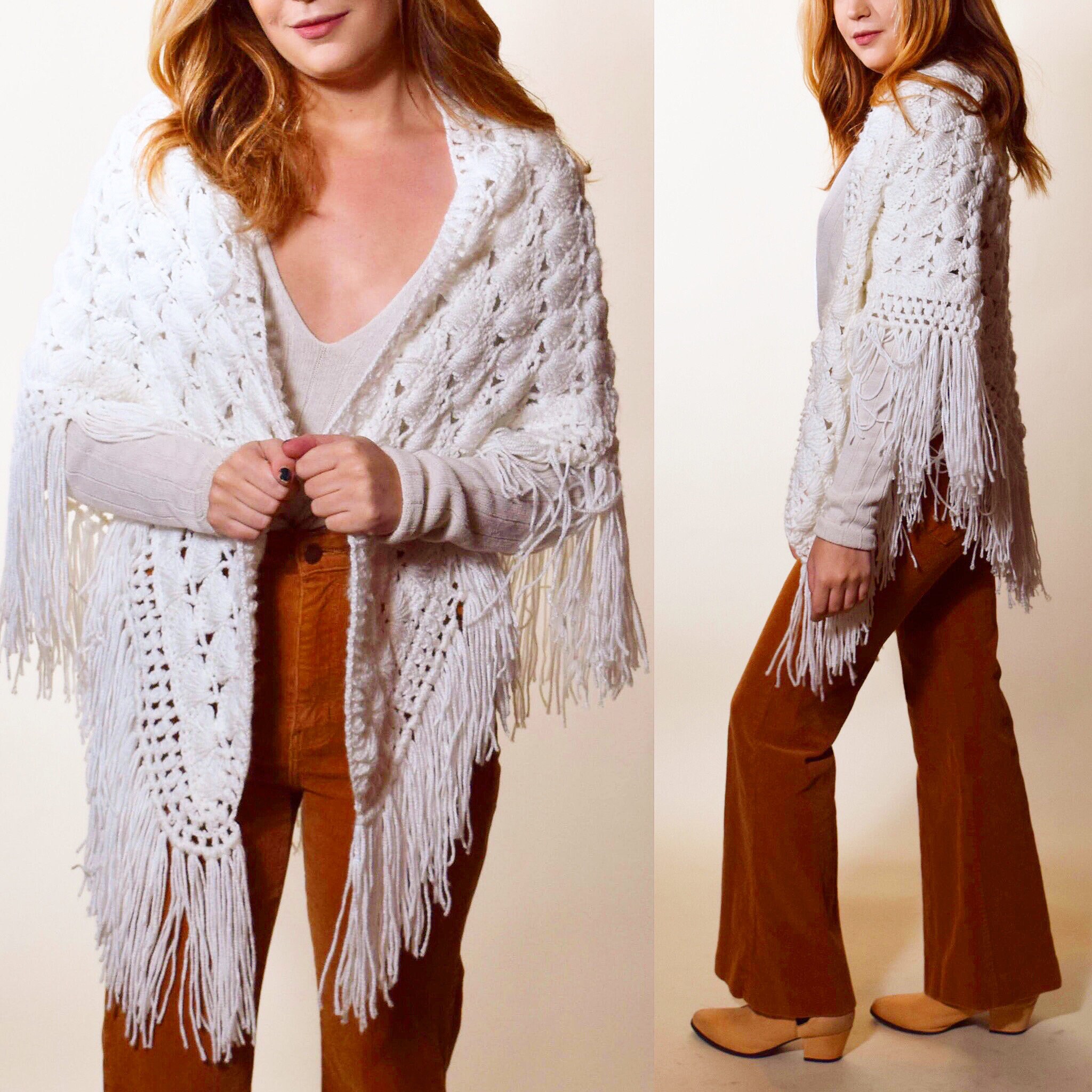 Authentic Vintage 1970s white crochet acrylic fringe hippie bohemian